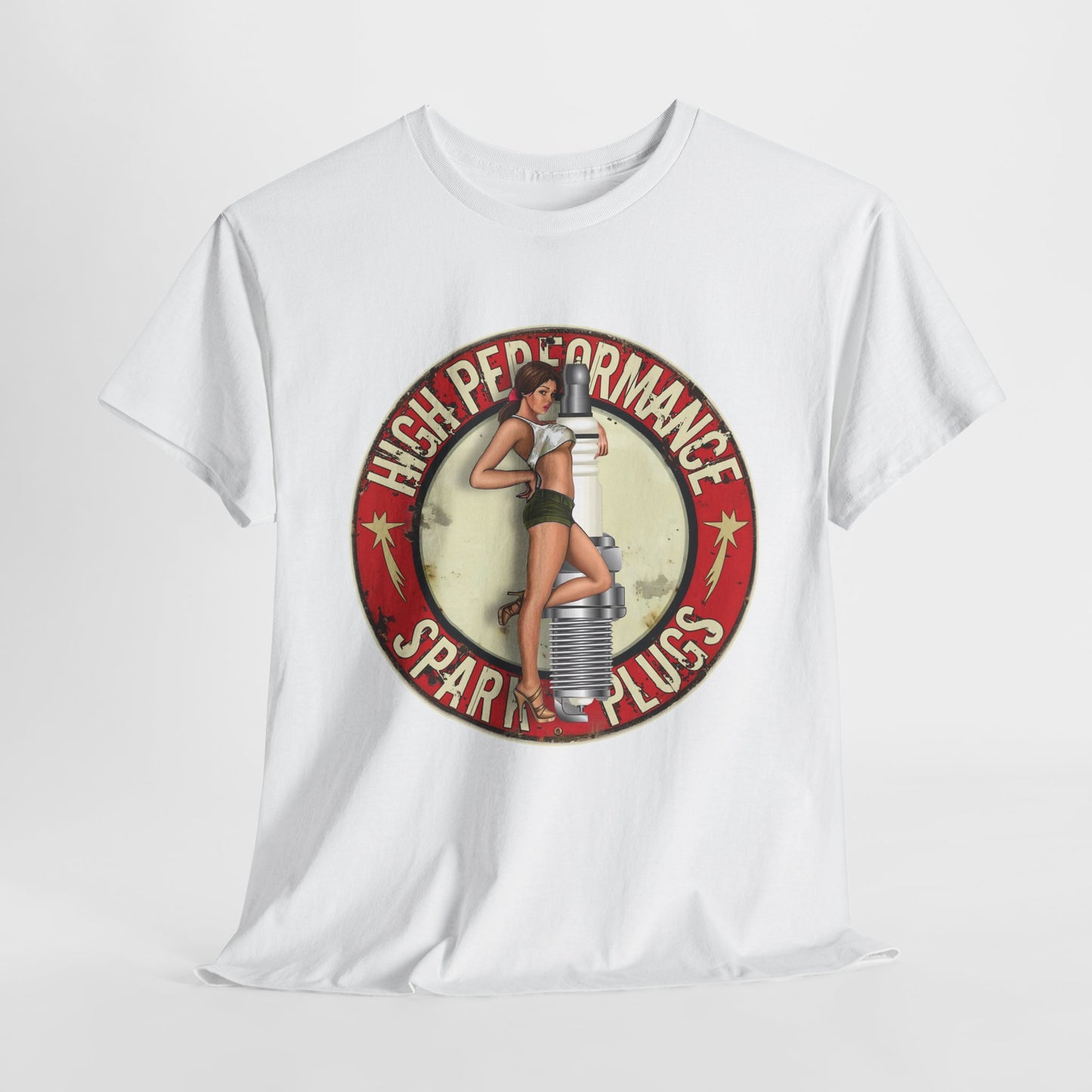 High Performance Spark Plugs Pinup Girl  Unisex Heavy Cotton T-Shirt