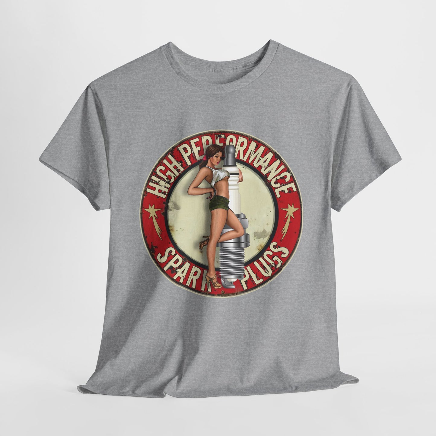 High Performance Spark Plugs Pinup Girl  Unisex Heavy Cotton T-Shirt