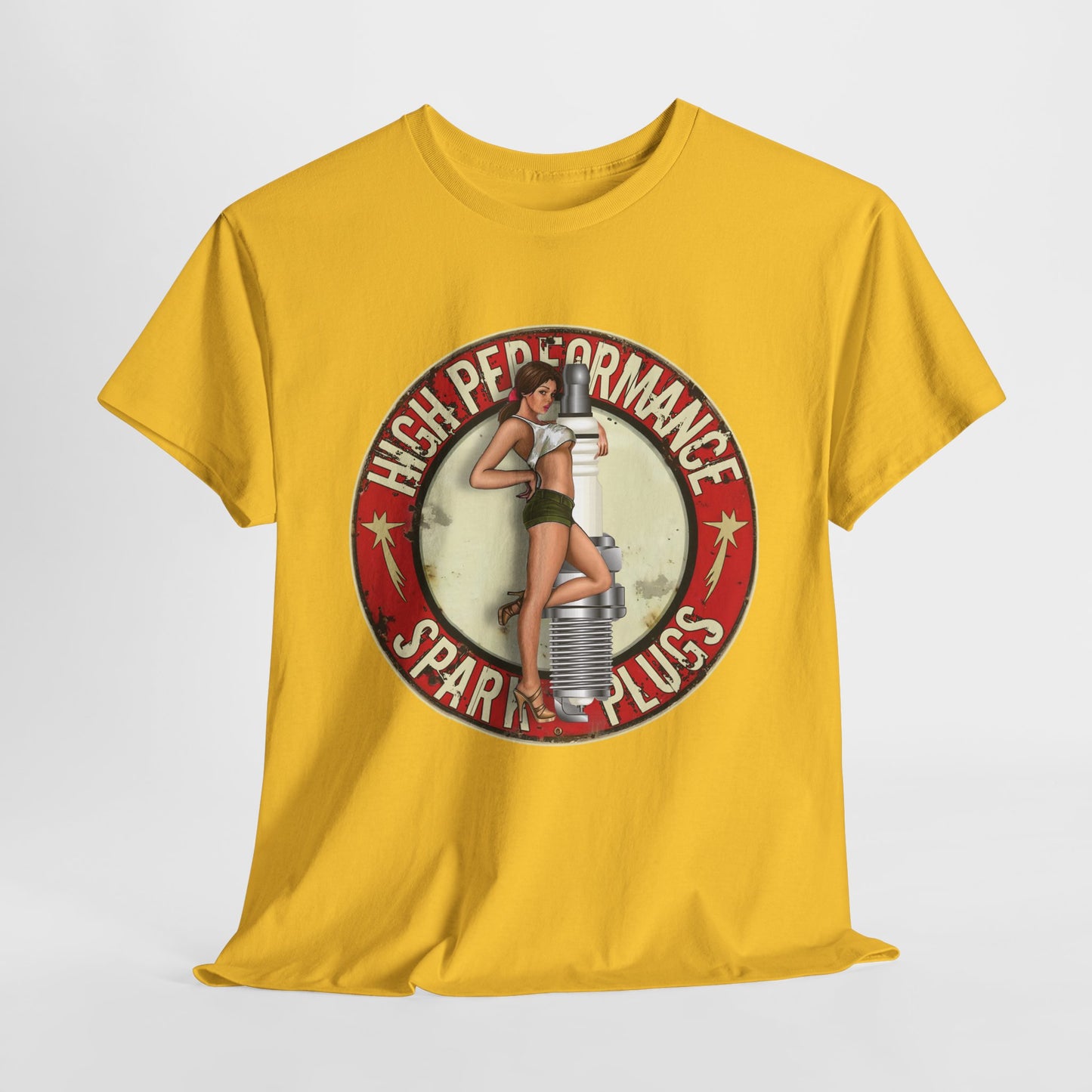 High Performance Spark Plugs Pinup Girl  Unisex Heavy Cotton T-Shirt