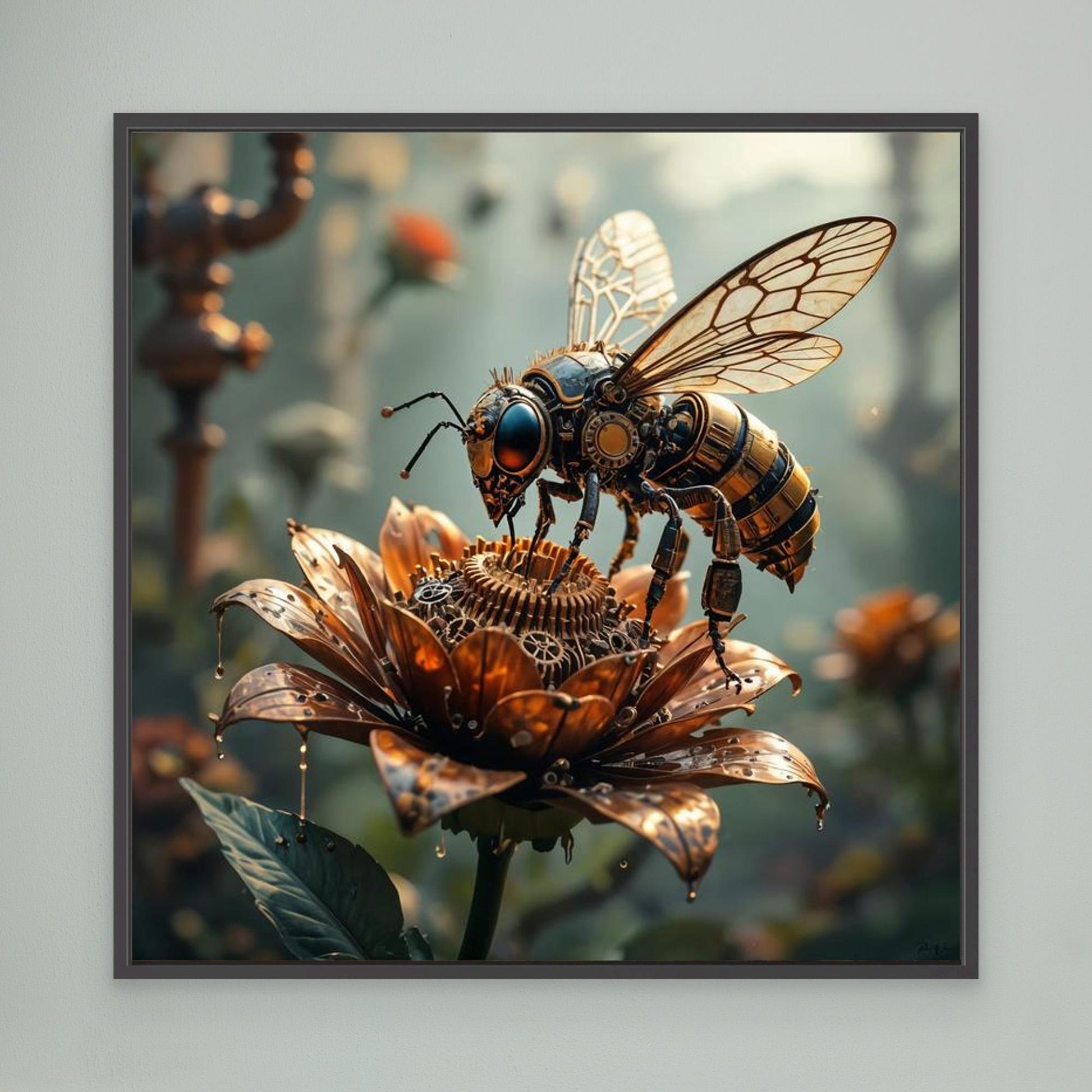 Mechanical Garden Bee — Steampunk Framed Canvas Print