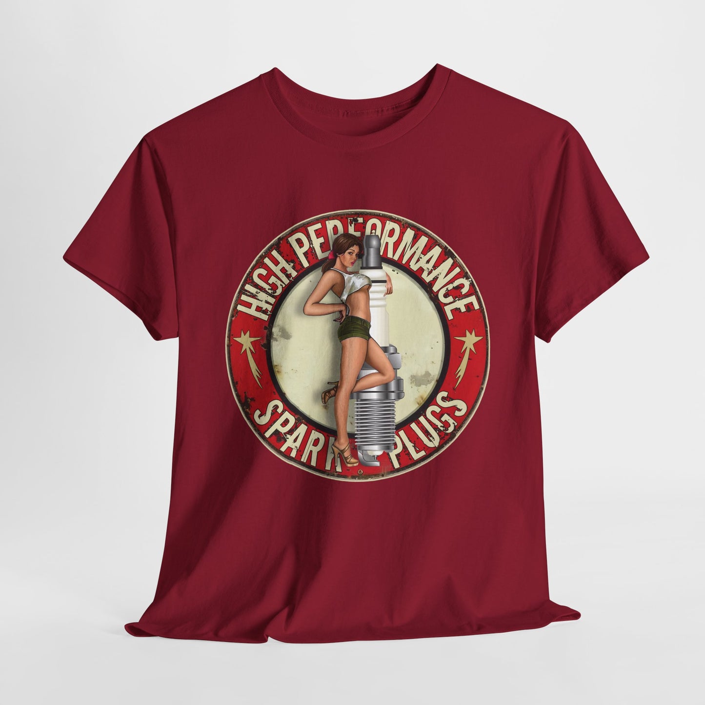 High Performance Spark Plugs Pinup Girl  Unisex Heavy Cotton T-Shirt